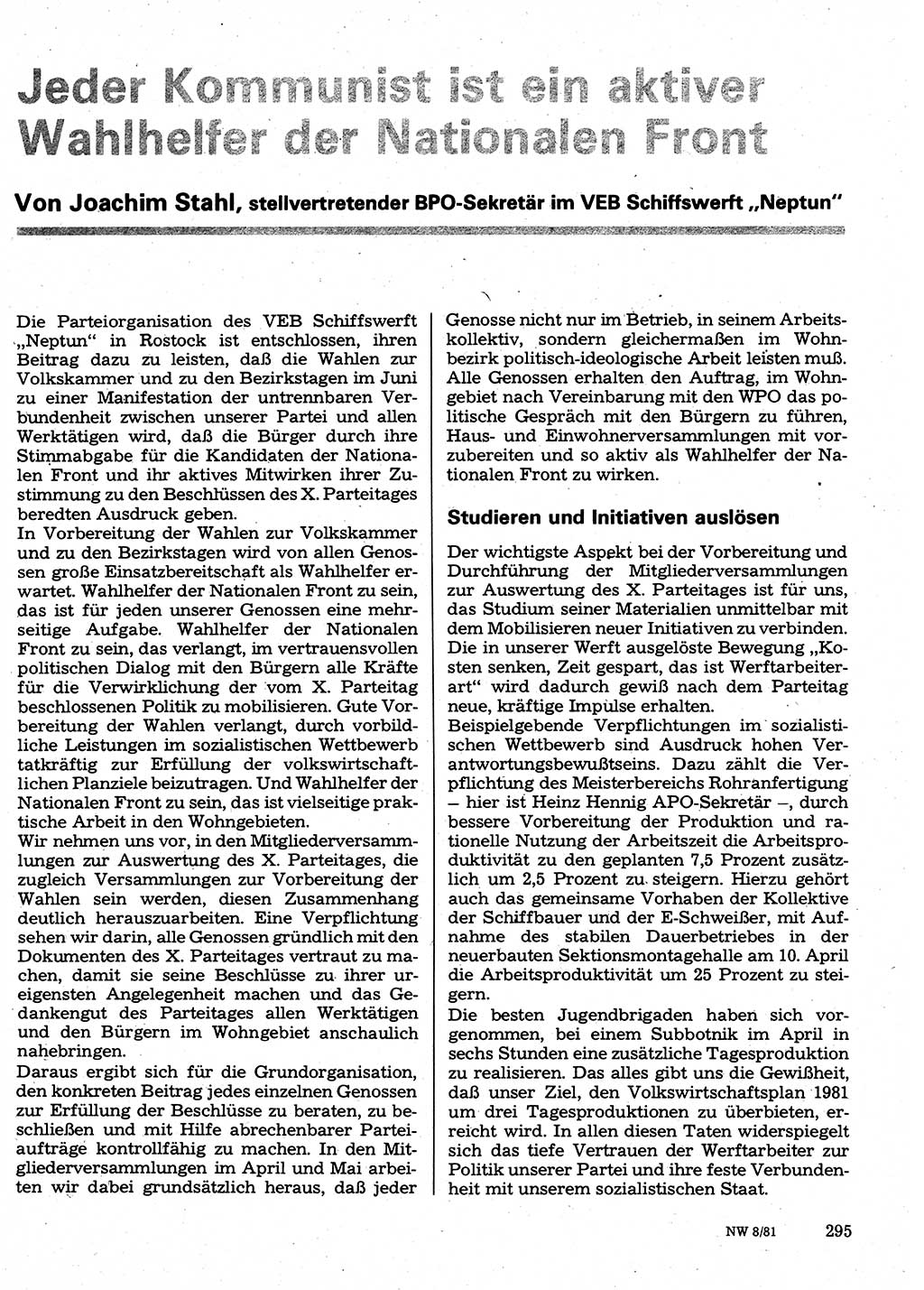 Neuer Weg (NW), Organ des Zentralkomitees (ZK) der SED (Sozialistische Einheitspartei Deutschlands) für Fragen des Parteilebens, 36. Jahrgang [Deutsche Demokratische Republik (DDR)] 1981, Seite 295 (NW ZK SED DDR 1981, S. 295)