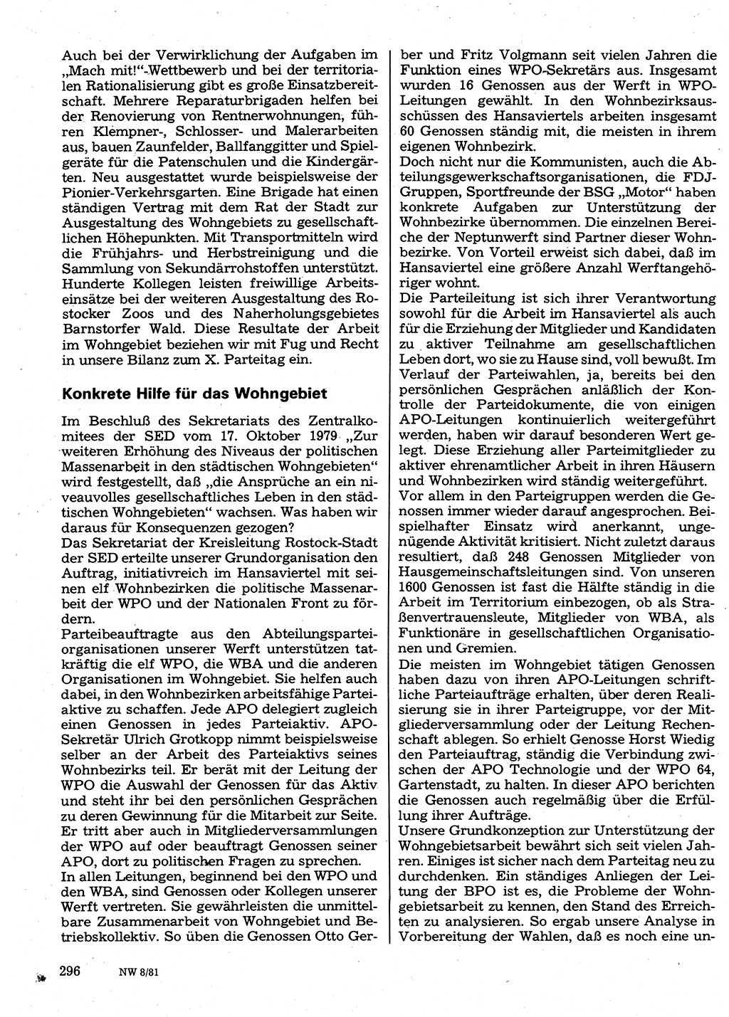 Neuer Weg (NW), Organ des Zentralkomitees (ZK) der SED (Sozialistische Einheitspartei Deutschlands) für Fragen des Parteilebens, 36. Jahrgang [Deutsche Demokratische Republik (DDR)] 1981, Seite 296 (NW ZK SED DDR 1981, S. 296)