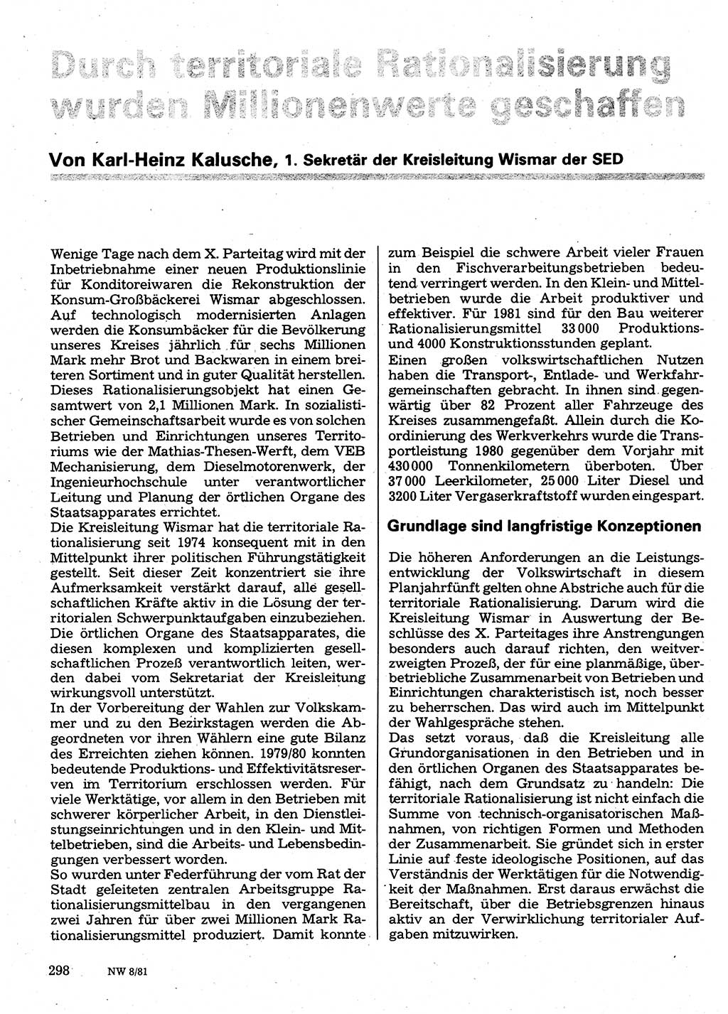 Neuer Weg (NW), Organ des Zentralkomitees (ZK) der SED (Sozialistische Einheitspartei Deutschlands) für Fragen des Parteilebens, 36. Jahrgang [Deutsche Demokratische Republik (DDR)] 1981, Seite 298 (NW ZK SED DDR 1981, S. 298)