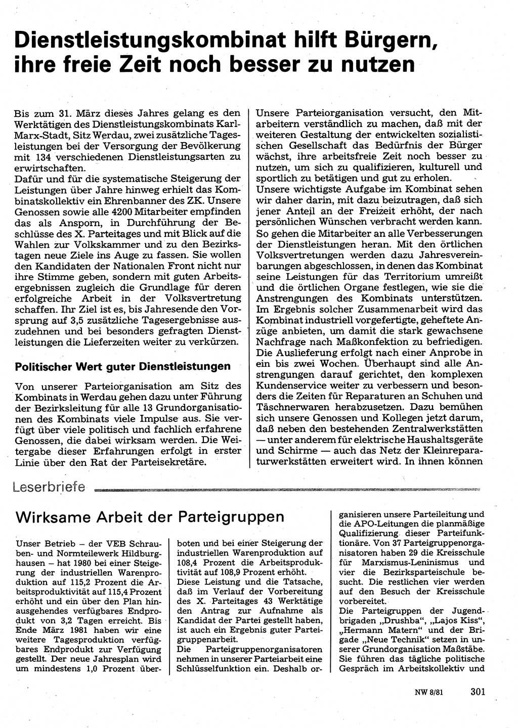 Neuer Weg (NW), Organ des Zentralkomitees (ZK) der SED (Sozialistische Einheitspartei Deutschlands) für Fragen des Parteilebens, 36. Jahrgang [Deutsche Demokratische Republik (DDR)] 1981, Seite 301 (NW ZK SED DDR 1981, S. 301)