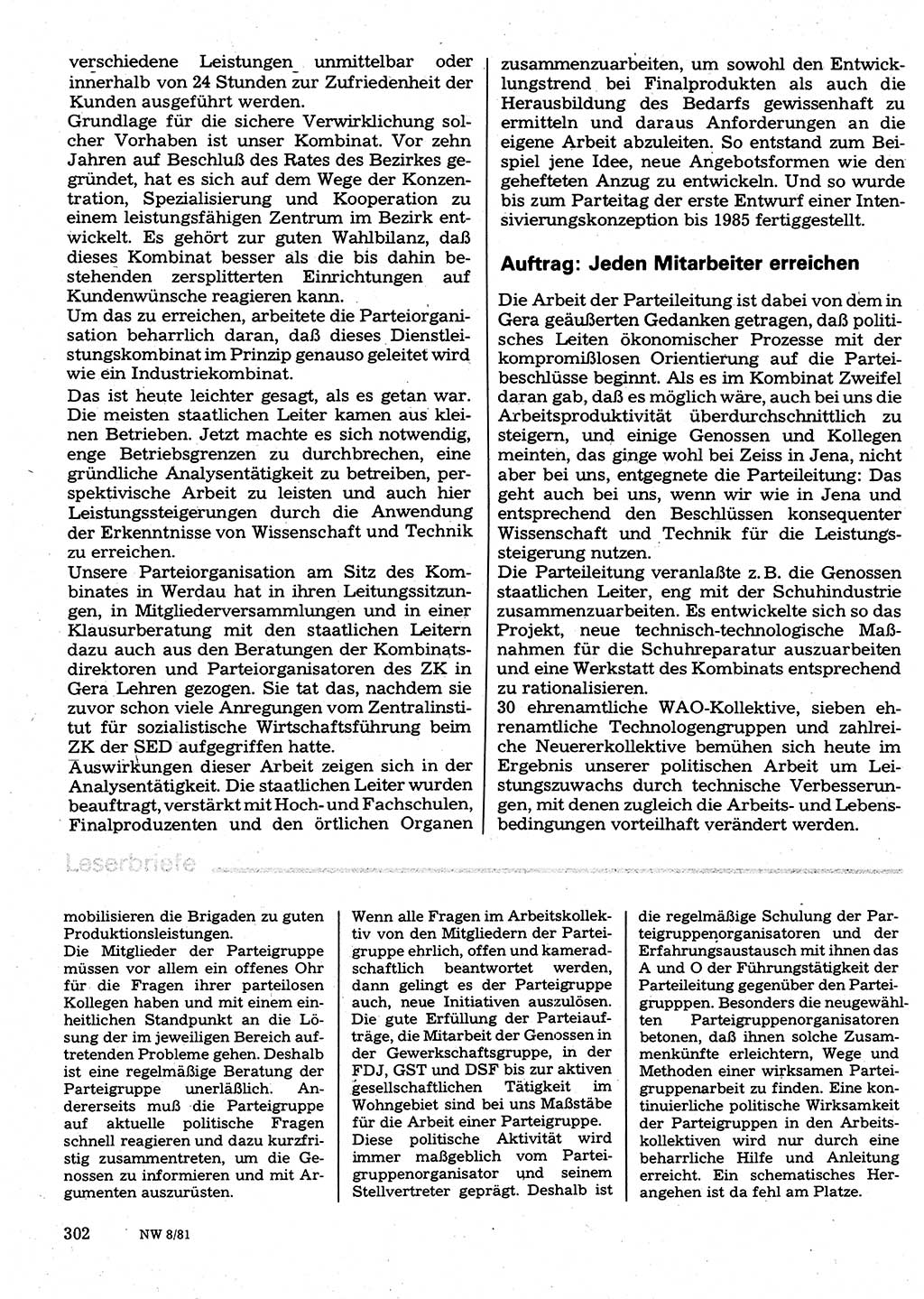 Neuer Weg (NW), Organ des Zentralkomitees (ZK) der SED (Sozialistische Einheitspartei Deutschlands) für Fragen des Parteilebens, 36. Jahrgang [Deutsche Demokratische Republik (DDR)] 1981, Seite 302 (NW ZK SED DDR 1981, S. 302)
