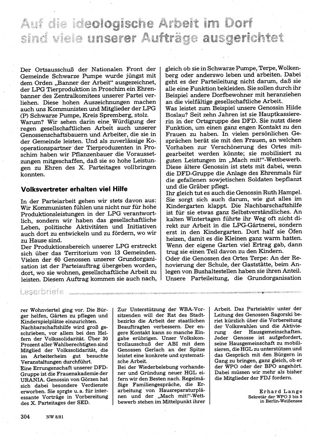 Neuer Weg (NW), Organ des Zentralkomitees (ZK) der SED (Sozialistische Einheitspartei Deutschlands) für Fragen des Parteilebens, 36. Jahrgang [Deutsche Demokratische Republik (DDR)] 1981, Seite 304 (NW ZK SED DDR 1981, S. 304)