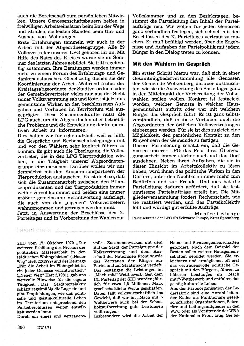 Neuer Weg (NW), Organ des Zentralkomitees (ZK) der SED (Sozialistische Einheitspartei Deutschlands) für Fragen des Parteilebens, 36. Jahrgang [Deutsche Demokratische Republik (DDR)] 1981, Seite 306 (NW ZK SED DDR 1981, S. 306)