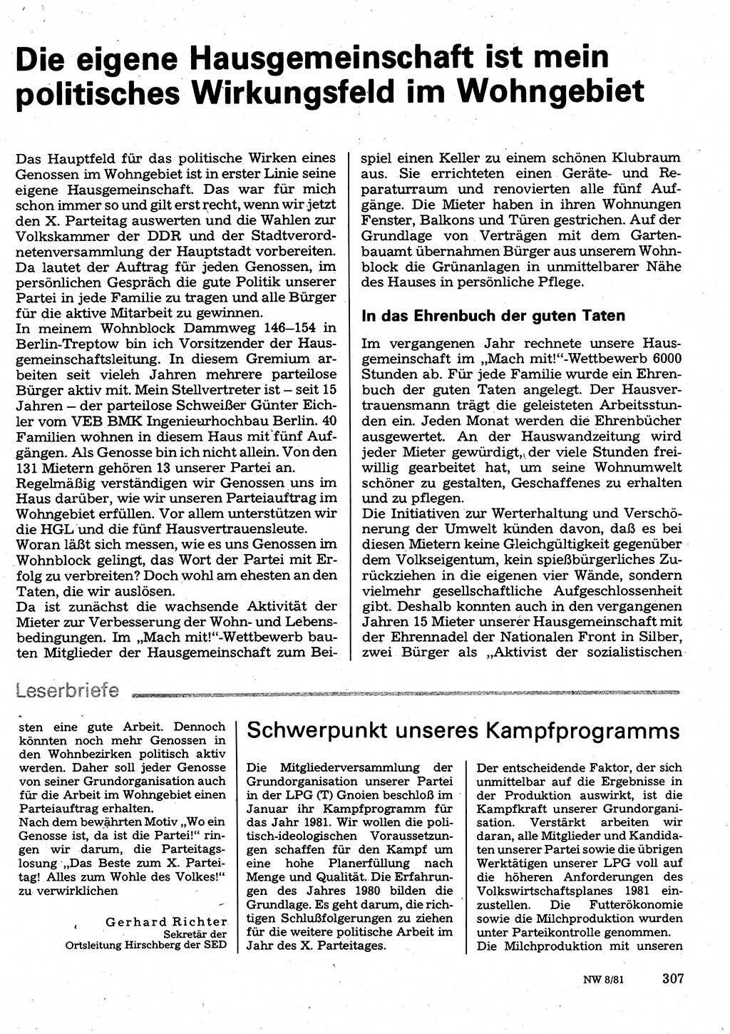 Neuer Weg (NW), Organ des Zentralkomitees (ZK) der SED (Sozialistische Einheitspartei Deutschlands) für Fragen des Parteilebens, 36. Jahrgang [Deutsche Demokratische Republik (DDR)] 1981, Seite 307 (NW ZK SED DDR 1981, S. 307)