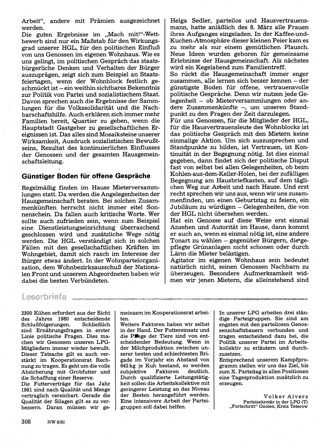 Neuer Weg (NW), Organ des Zentralkomitees (ZK) der SED (Sozialistische Einheitspartei Deutschlands) für Fragen des Parteilebens, 36. Jahrgang [Deutsche Demokratische Republik (DDR)] 1981, Seite 308 (NW ZK SED DDR 1981, S. 308)