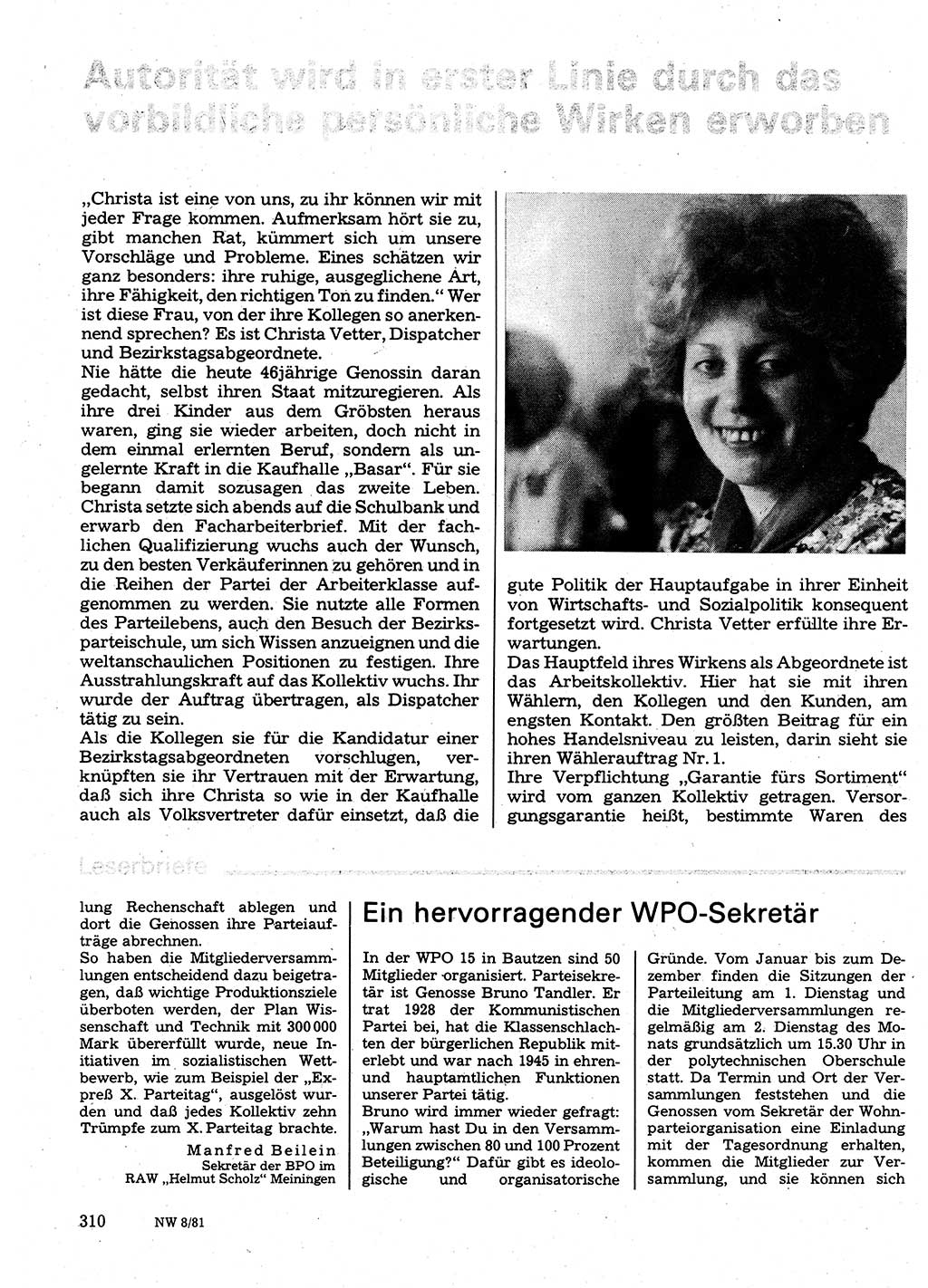 Neuer Weg (NW), Organ des Zentralkomitees (ZK) der SED (Sozialistische Einheitspartei Deutschlands) für Fragen des Parteilebens, 36. Jahrgang [Deutsche Demokratische Republik (DDR)] 1981, Seite 310 (NW ZK SED DDR 1981, S. 310)