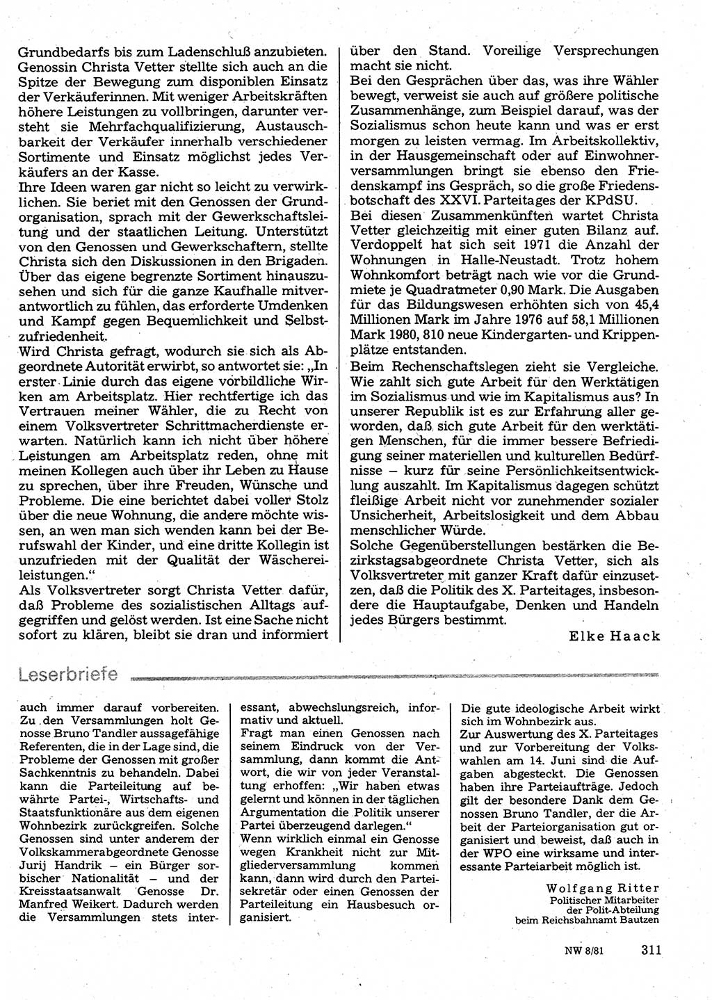 Neuer Weg (NW), Organ des Zentralkomitees (ZK) der SED (Sozialistische Einheitspartei Deutschlands) für Fragen des Parteilebens, 36. Jahrgang [Deutsche Demokratische Republik (DDR)] 1981, Seite 311 (NW ZK SED DDR 1981, S. 311)