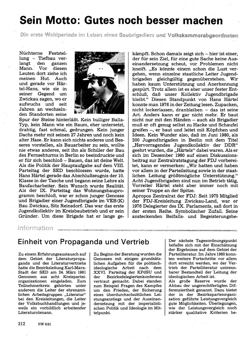 Neuer Weg (NW), Organ des Zentralkomitees (ZK) der SED (Sozialistische Einheitspartei Deutschlands) für Fragen des Parteilebens, 36. Jahrgang [Deutsche Demokratische Republik (DDR)] 1981, Seite 312 (NW ZK SED DDR 1981, S. 312)