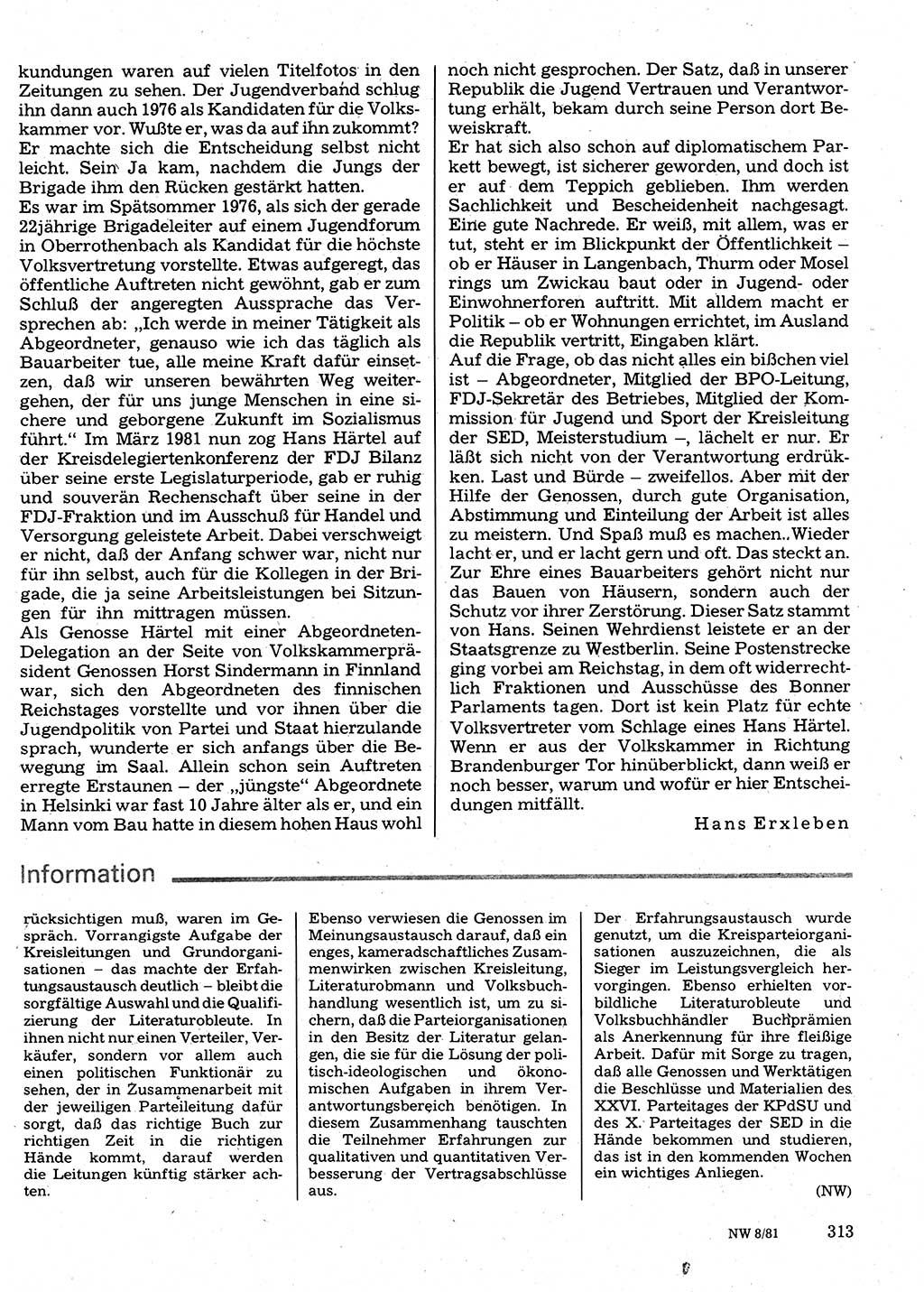 Neuer Weg (NW), Organ des Zentralkomitees (ZK) der SED (Sozialistische Einheitspartei Deutschlands) für Fragen des Parteilebens, 36. Jahrgang [Deutsche Demokratische Republik (DDR)] 1981, Seite 313 (NW ZK SED DDR 1981, S. 313)