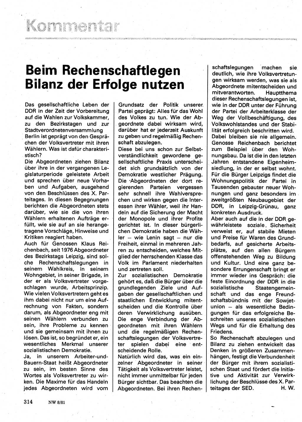 Neuer Weg (NW), Organ des Zentralkomitees (ZK) der SED (Sozialistische Einheitspartei Deutschlands) für Fragen des Parteilebens, 36. Jahrgang [Deutsche Demokratische Republik (DDR)] 1981, Seite 314 (NW ZK SED DDR 1981, S. 314)