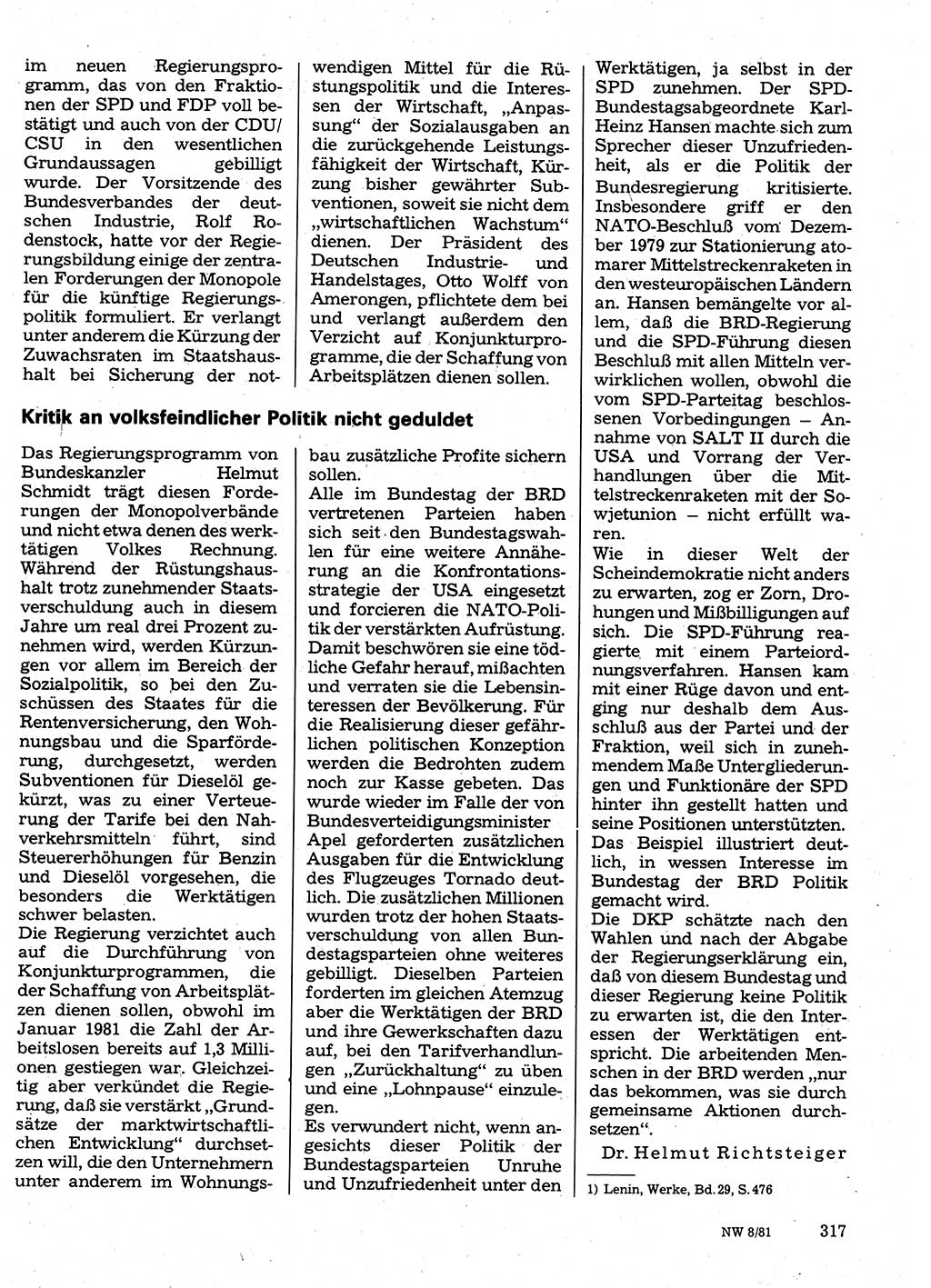 Neuer Weg (NW), Organ des Zentralkomitees (ZK) der SED (Sozialistische Einheitspartei Deutschlands) für Fragen des Parteilebens, 36. Jahrgang [Deutsche Demokratische Republik (DDR)] 1981, Seite 317 (NW ZK SED DDR 1981, S. 317)