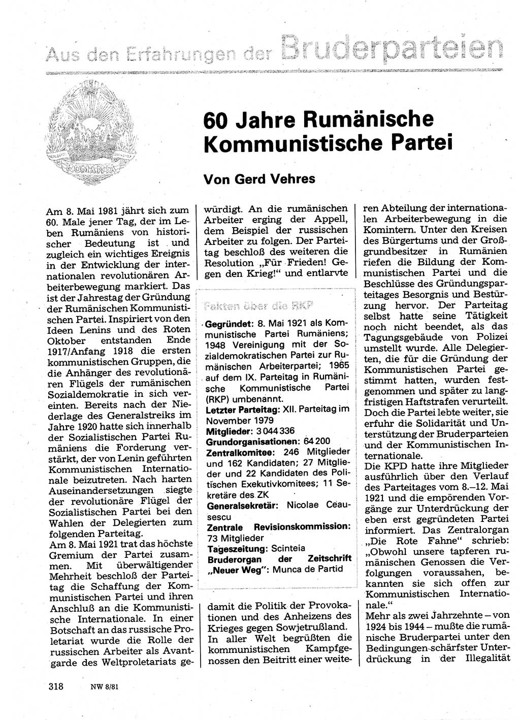 Neuer Weg (NW), Organ des Zentralkomitees (ZK) der SED (Sozialistische Einheitspartei Deutschlands) für Fragen des Parteilebens, 36. Jahrgang [Deutsche Demokratische Republik (DDR)] 1981, Seite 318 (NW ZK SED DDR 1981, S. 318)