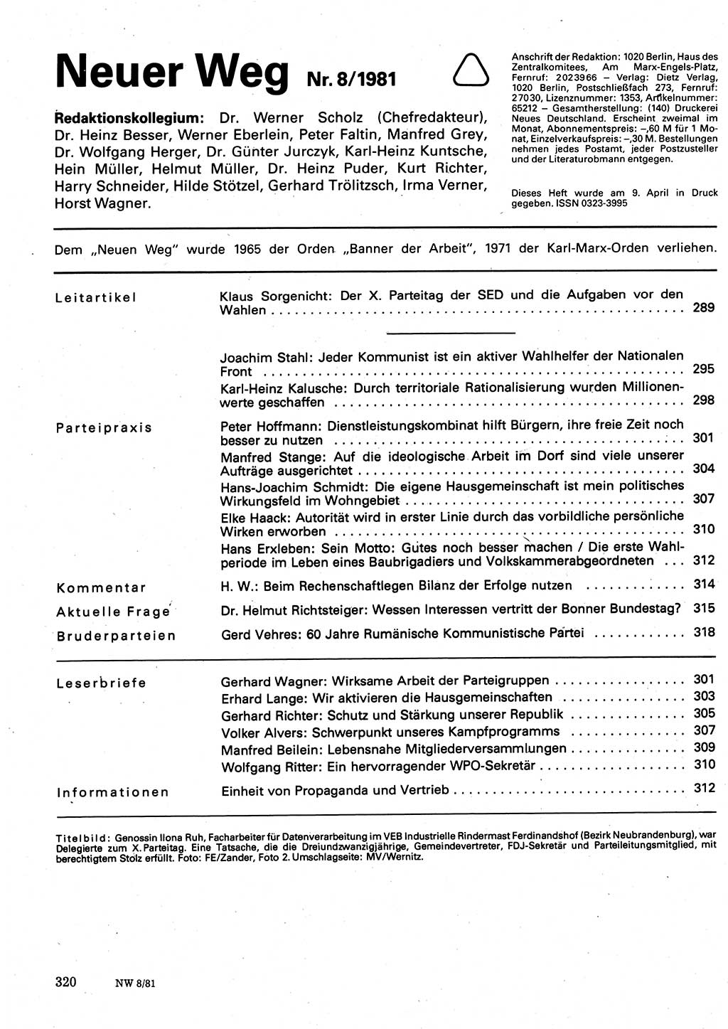 Neuer Weg (NW), Organ des Zentralkomitees (ZK) der SED (Sozialistische Einheitspartei Deutschlands) für Fragen des Parteilebens, 36. Jahrgang [Deutsche Demokratische Republik (DDR)] 1981, Seite 320 (NW ZK SED DDR 1981, S. 320)
