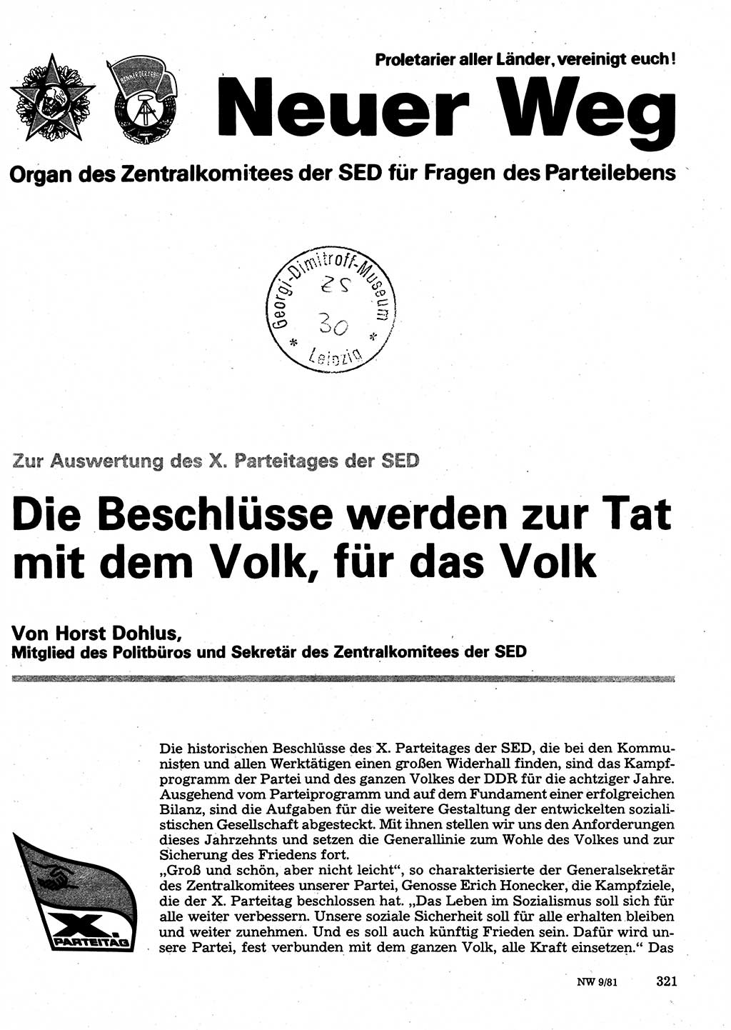 Neuer Weg (NW), Organ des Zentralkomitees (ZK) der SED (Sozialistische Einheitspartei Deutschlands) für Fragen des Parteilebens, 36. Jahrgang [Deutsche Demokratische Republik (DDR)] 1981, Seite 321 (NW ZK SED DDR 1981, S. 321)