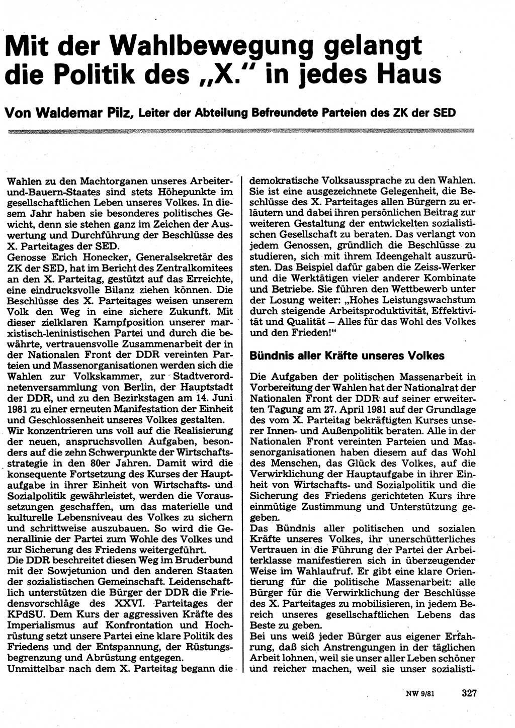 Neuer Weg (NW), Organ des Zentralkomitees (ZK) der SED (Sozialistische Einheitspartei Deutschlands) für Fragen des Parteilebens, 36. Jahrgang [Deutsche Demokratische Republik (DDR)] 1981, Seite 327 (NW ZK SED DDR 1981, S. 327)
