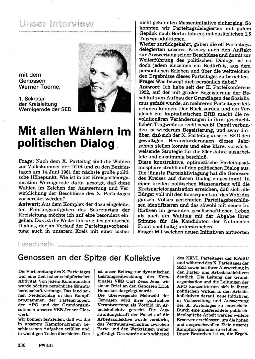 Neuer Weg (NW), Organ des Zentralkomitees (ZK) der SED (Sozialistische Einheitspartei Deutschlands) für Fragen des Parteilebens, 36. Jahrgang [Deutsche Demokratische Republik (DDR)] 1981, Seite 330 (NW ZK SED DDR 1981, S. 330)