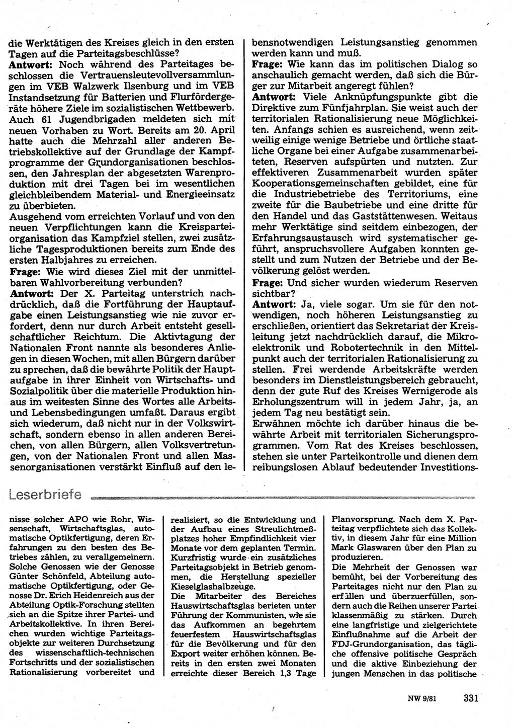 Neuer Weg (NW), Organ des Zentralkomitees (ZK) der SED (Sozialistische Einheitspartei Deutschlands) für Fragen des Parteilebens, 36. Jahrgang [Deutsche Demokratische Republik (DDR)] 1981, Seite 331 (NW ZK SED DDR 1981, S. 331)