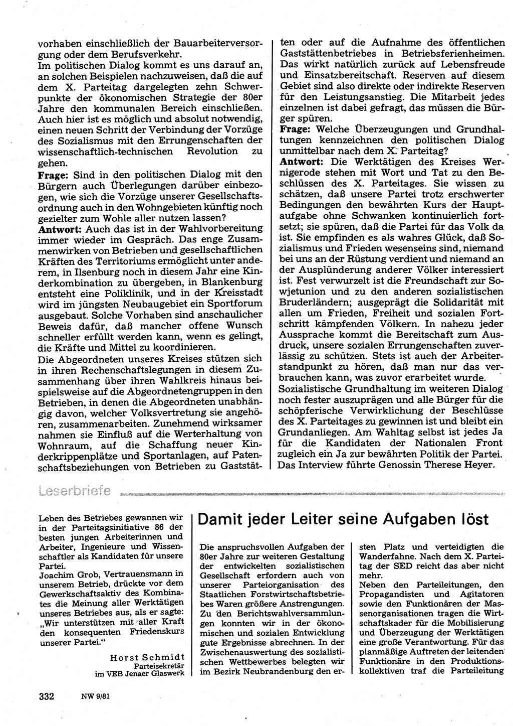 Neuer Weg (NW), Organ des Zentralkomitees (ZK) der SED (Sozialistische Einheitspartei Deutschlands) für Fragen des Parteilebens, 36. Jahrgang [Deutsche Demokratische Republik (DDR)] 1981, Seite 332 (NW ZK SED DDR 1981, S. 332)
