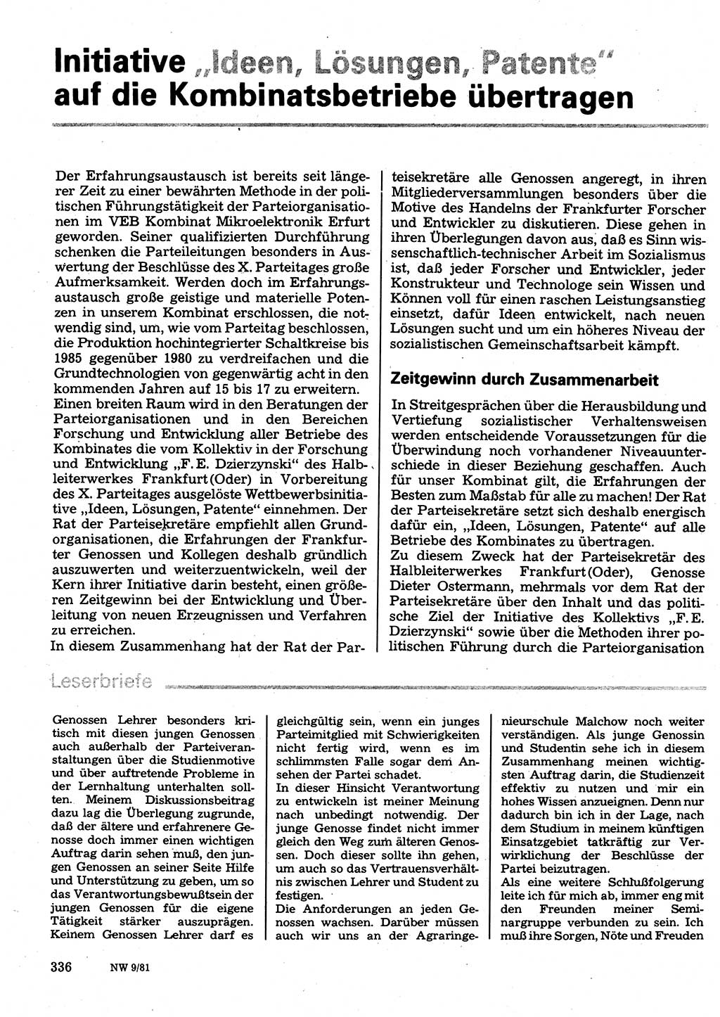 Neuer Weg (NW), Organ des Zentralkomitees (ZK) der SED (Sozialistische Einheitspartei Deutschlands) für Fragen des Parteilebens, 36. Jahrgang [Deutsche Demokratische Republik (DDR)] 1981, Seite 336 (NW ZK SED DDR 1981, S. 336)