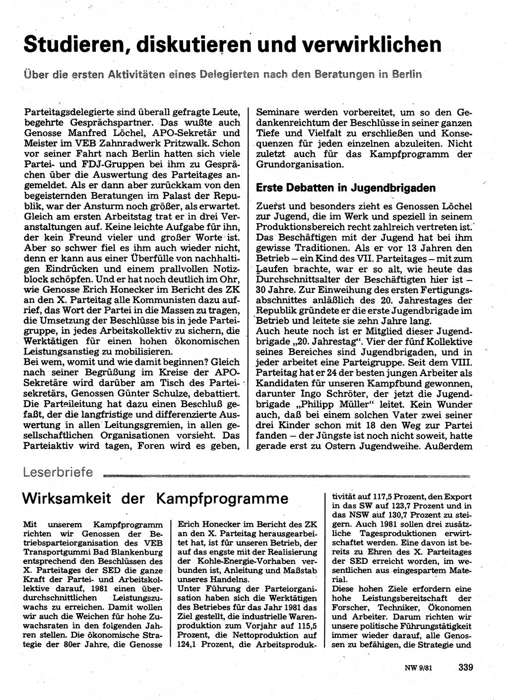 Neuer Weg (NW), Organ des Zentralkomitees (ZK) der SED (Sozialistische Einheitspartei Deutschlands) für Fragen des Parteilebens, 36. Jahrgang [Deutsche Demokratische Republik (DDR)] 1981, Seite 339 (NW ZK SED DDR 1981, S. 339)