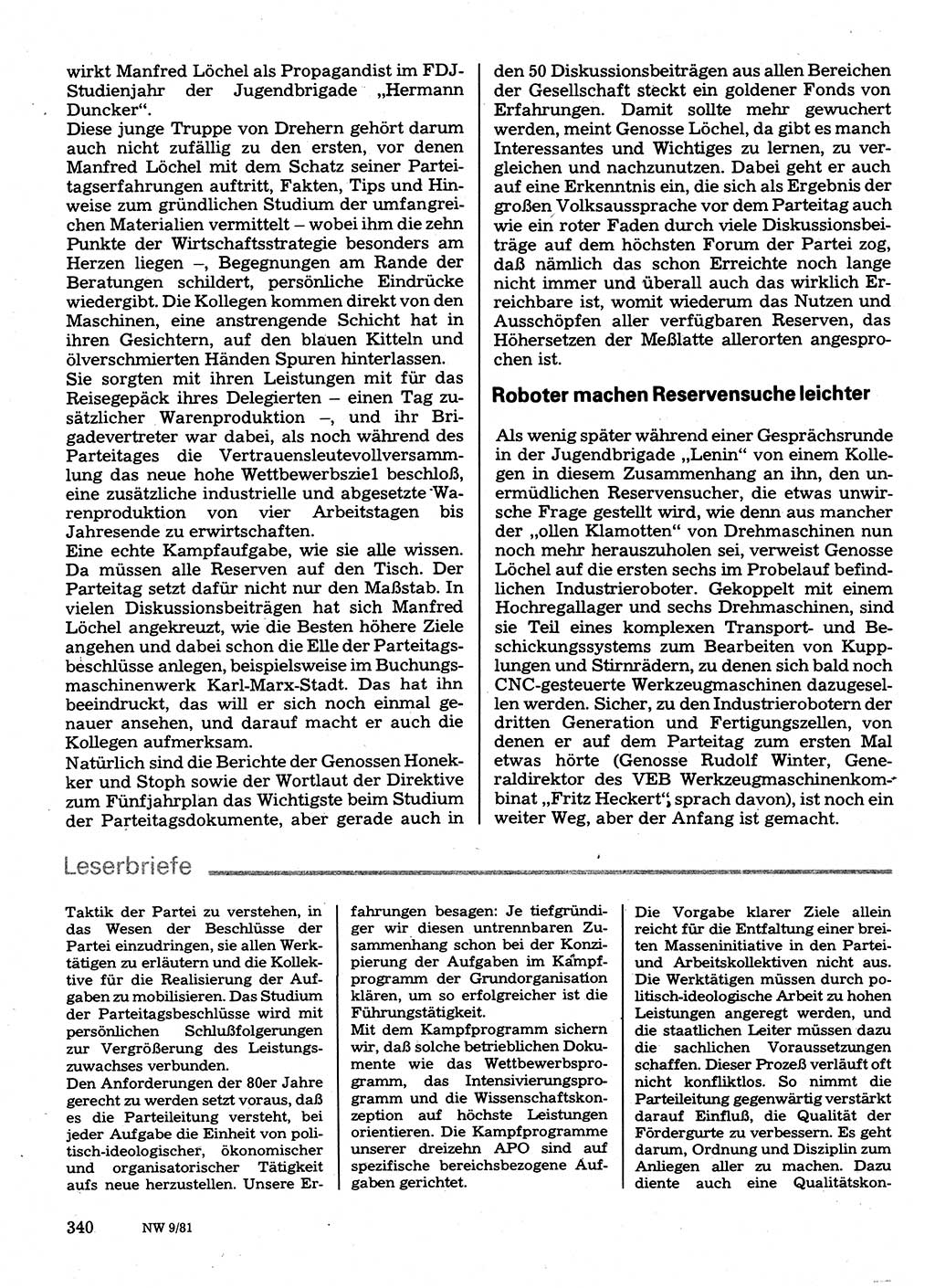 Neuer Weg (NW), Organ des Zentralkomitees (ZK) der SED (Sozialistische Einheitspartei Deutschlands) für Fragen des Parteilebens, 36. Jahrgang [Deutsche Demokratische Republik (DDR)] 1981, Seite 340 (NW ZK SED DDR 1981, S. 340)