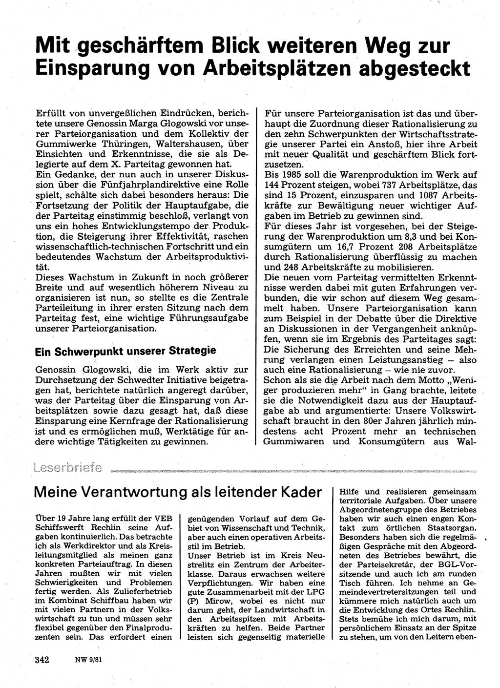 Neuer Weg (NW), Organ des Zentralkomitees (ZK) der SED (Sozialistische Einheitspartei Deutschlands) für Fragen des Parteilebens, 36. Jahrgang [Deutsche Demokratische Republik (DDR)] 1981, Seite 342 (NW ZK SED DDR 1981, S. 342)
