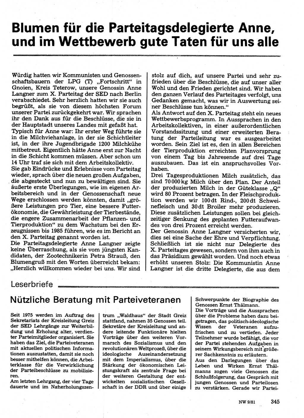 Neuer Weg (NW), Organ des Zentralkomitees (ZK) der SED (Sozialistische Einheitspartei Deutschlands) für Fragen des Parteilebens, 36. Jahrgang [Deutsche Demokratische Republik (DDR)] 1981, Seite 345 (NW ZK SED DDR 1981, S. 345)