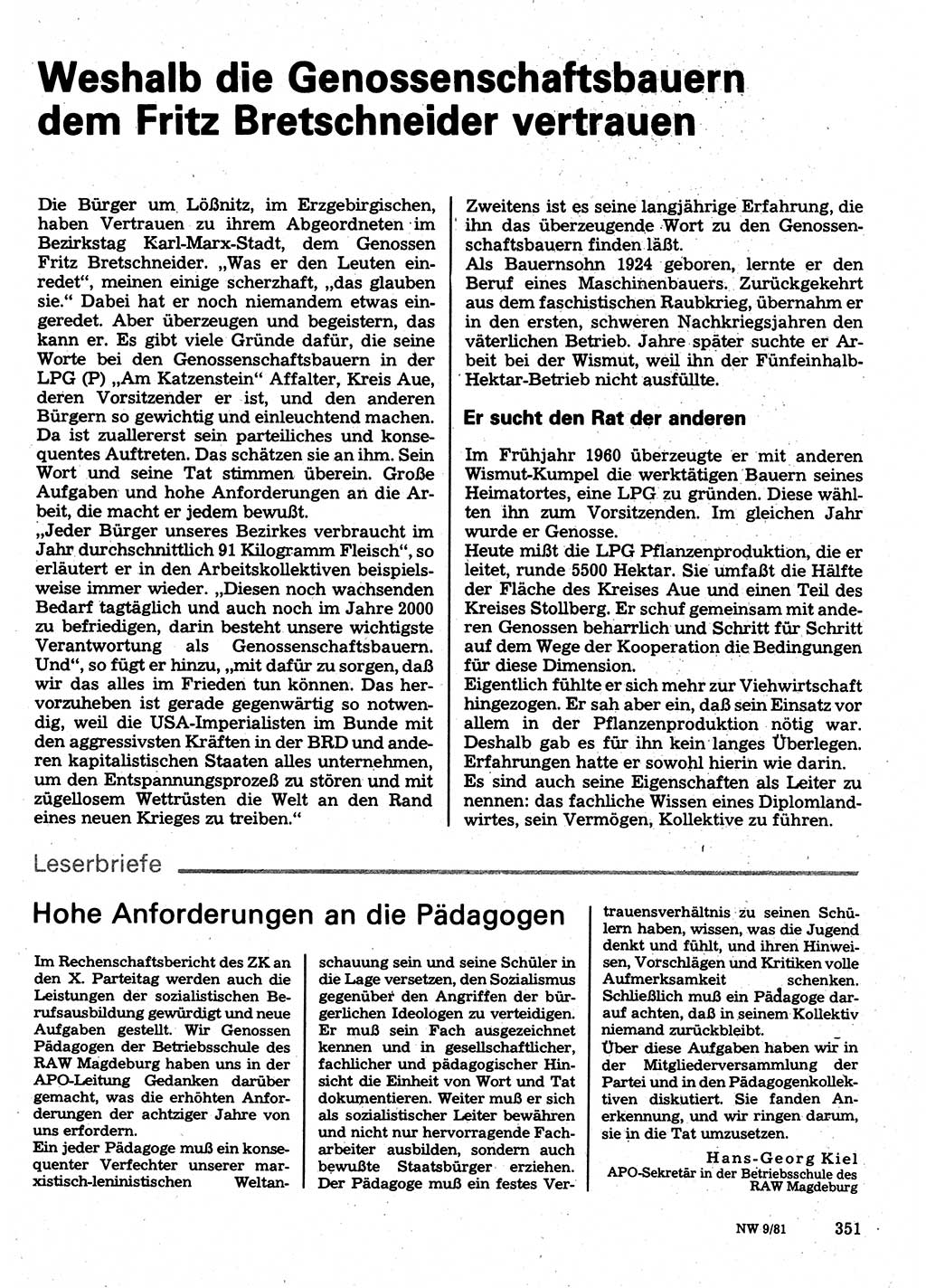 Neuer Weg (NW), Organ des Zentralkomitees (ZK) der SED (Sozialistische Einheitspartei Deutschlands) für Fragen des Parteilebens, 36. Jahrgang [Deutsche Demokratische Republik (DDR)] 1981, Seite 351 (NW ZK SED DDR 1981, S. 351)