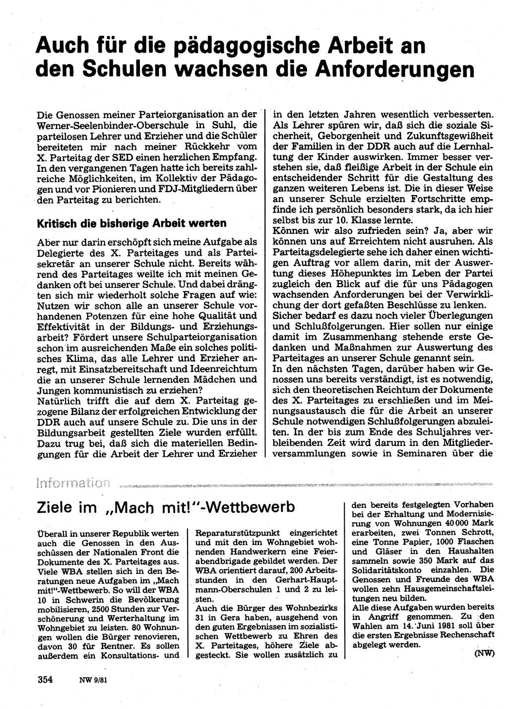 Neuer Weg (NW), Organ des Zentralkomitees (ZK) der SED (Sozialistische Einheitspartei Deutschlands) für Fragen des Parteilebens, 36. Jahrgang [Deutsche Demokratische Republik (DDR)] 1981, Seite 354 (NW ZK SED DDR 1981, S. 354)