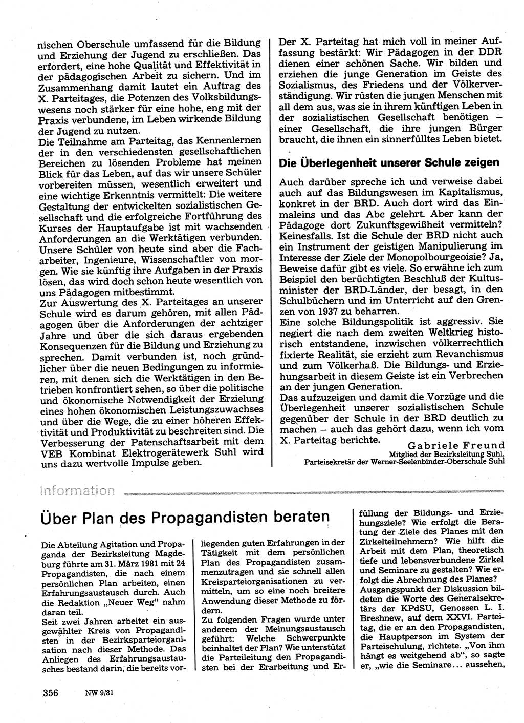 Neuer Weg (NW), Organ des Zentralkomitees (ZK) der SED (Sozialistische Einheitspartei Deutschlands) für Fragen des Parteilebens, 36. Jahrgang [Deutsche Demokratische Republik (DDR)] 1981, Seite 356 (NW ZK SED DDR 1981, S. 356)