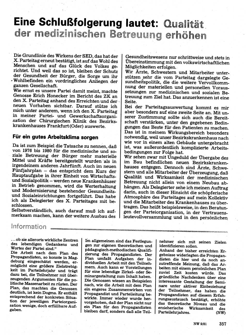 Neuer Weg (NW), Organ des Zentralkomitees (ZK) der SED (Sozialistische Einheitspartei Deutschlands) für Fragen des Parteilebens, 36. Jahrgang [Deutsche Demokratische Republik (DDR)] 1981, Seite 357 (NW ZK SED DDR 1981, S. 357)