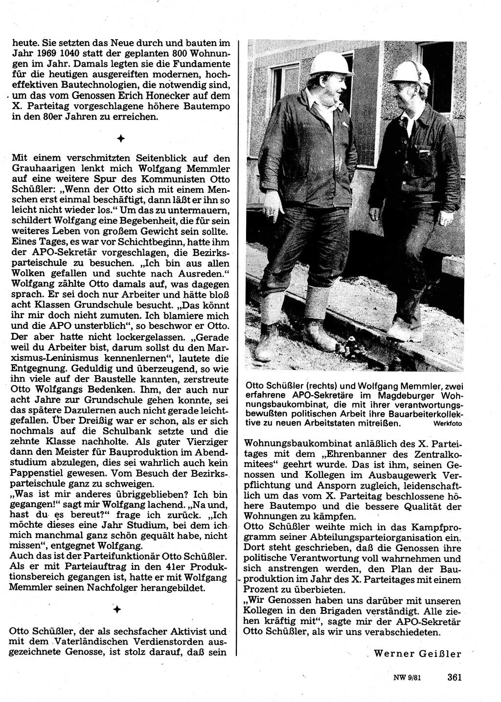 Neuer Weg (NW), Organ des Zentralkomitees (ZK) der SED (Sozialistische Einheitspartei Deutschlands) für Fragen des Parteilebens, 36. Jahrgang [Deutsche Demokratische Republik (DDR)] 1981, Seite 361 (NW ZK SED DDR 1981, S. 361)