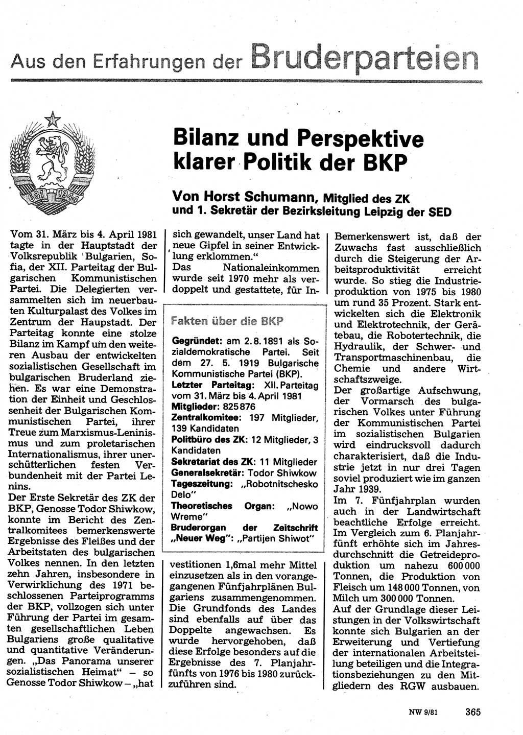 Neuer Weg (NW), Organ des Zentralkomitees (ZK) der SED (Sozialistische Einheitspartei Deutschlands) für Fragen des Parteilebens, 36. Jahrgang [Deutsche Demokratische Republik (DDR)] 1981, Seite 365 (NW ZK SED DDR 1981, S. 365)