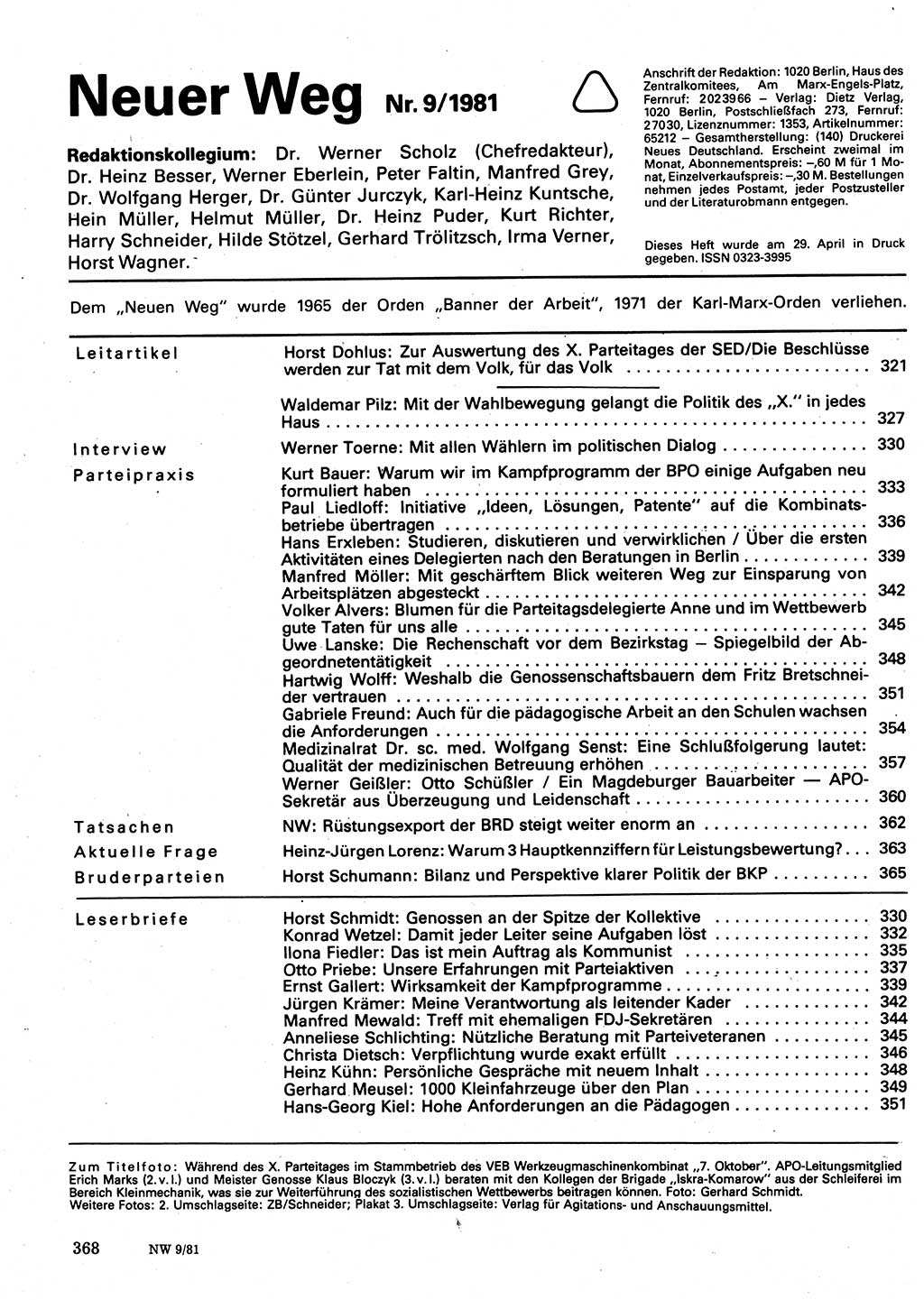 Neuer Weg (NW), Organ des Zentralkomitees (ZK) der SED (Sozialistische Einheitspartei Deutschlands) für Fragen des Parteilebens, 36. Jahrgang [Deutsche Demokratische Republik (DDR)] 1981, Seite 368 (NW ZK SED DDR 1981, S. 368)