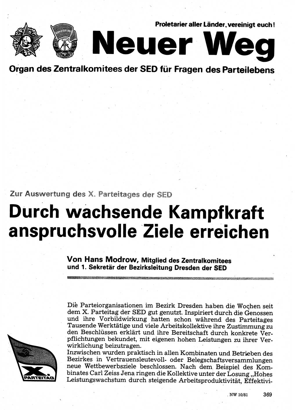 Neuer Weg (NW), Organ des Zentralkomitees (ZK) der SED (Sozialistische Einheitspartei Deutschlands) für Fragen des Parteilebens, 36. Jahrgang [Deutsche Demokratische Republik (DDR)] 1981, Seite 369 (NW ZK SED DDR 1981, S. 369)