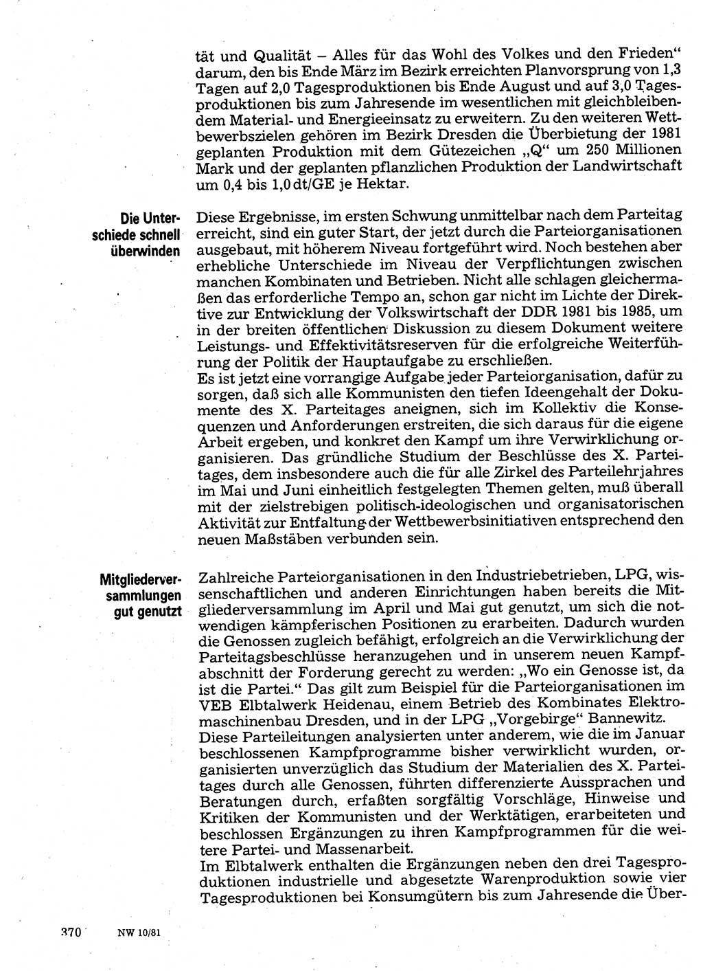 Neuer Weg (NW), Organ des Zentralkomitees (ZK) der SED (Sozialistische Einheitspartei Deutschlands) für Fragen des Parteilebens, 36. Jahrgang [Deutsche Demokratische Republik (DDR)] 1981, Seite 370 (NW ZK SED DDR 1981, S. 370)
