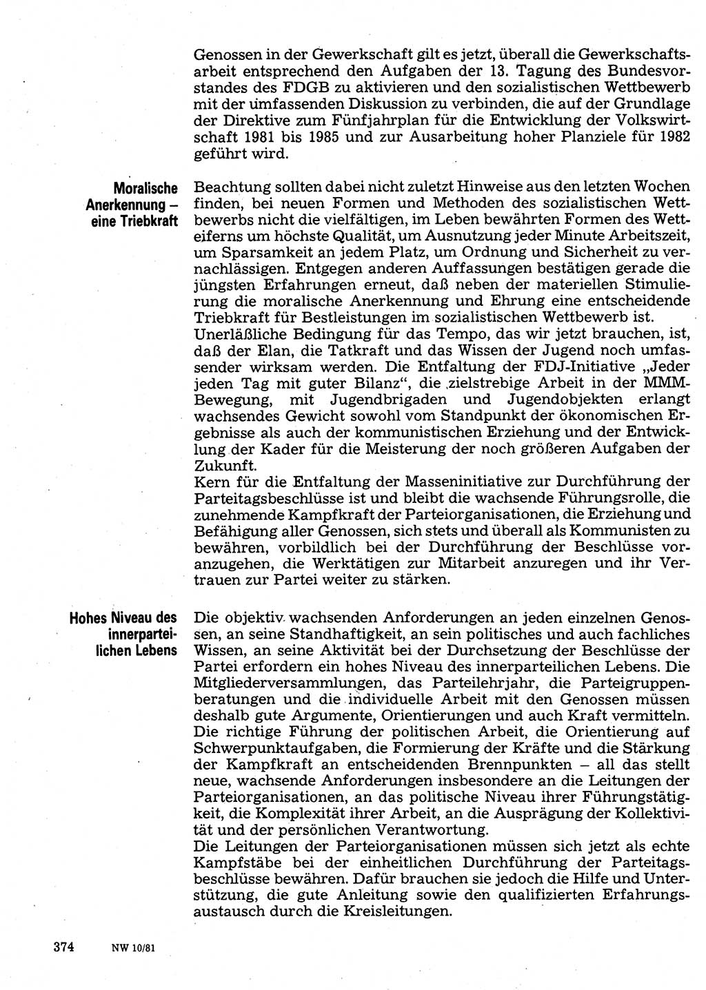 Neuer Weg (NW), Organ des Zentralkomitees (ZK) der SED (Sozialistische Einheitspartei Deutschlands) fÃ¼r Fragen des Parteilebens, 36. Jahrgang [Deutsche Demokratische Republik (DDR)] 1981, Seite 374 (NW ZK SED DDR 1981, S. 374)