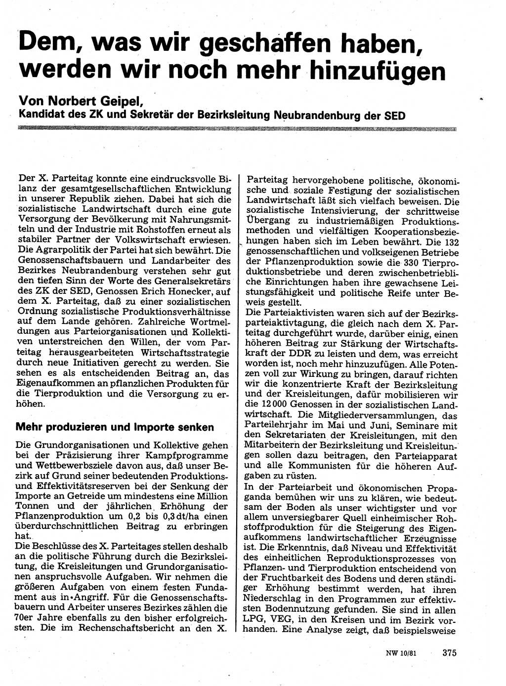 Neuer Weg (NW), Organ des Zentralkomitees (ZK) der SED (Sozialistische Einheitspartei Deutschlands) für Fragen des Parteilebens, 36. Jahrgang [Deutsche Demokratische Republik (DDR)] 1981, Seite 375 (NW ZK SED DDR 1981, S. 375)