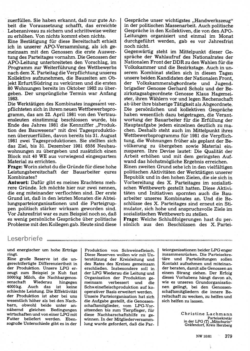 Neuer Weg (NW), Organ des Zentralkomitees (ZK) der SED (Sozialistische Einheitspartei Deutschlands) für Fragen des Parteilebens, 36. Jahrgang [Deutsche Demokratische Republik (DDR)] 1981, Seite 379 (NW ZK SED DDR 1981, S. 379)