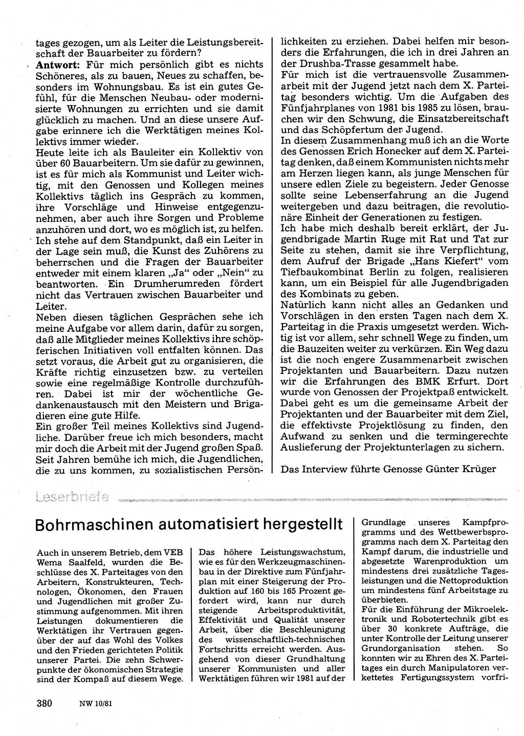 Neuer Weg (NW), Organ des Zentralkomitees (ZK) der SED (Sozialistische Einheitspartei Deutschlands) für Fragen des Parteilebens, 36. Jahrgang [Deutsche Demokratische Republik (DDR)] 1981, Seite 380 (NW ZK SED DDR 1981, S. 380)
