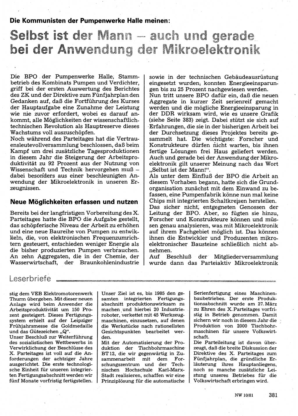 Neuer Weg (NW), Organ des Zentralkomitees (ZK) der SED (Sozialistische Einheitspartei Deutschlands) für Fragen des Parteilebens, 36. Jahrgang [Deutsche Demokratische Republik (DDR)] 1981, Seite 381 (NW ZK SED DDR 1981, S. 381)
