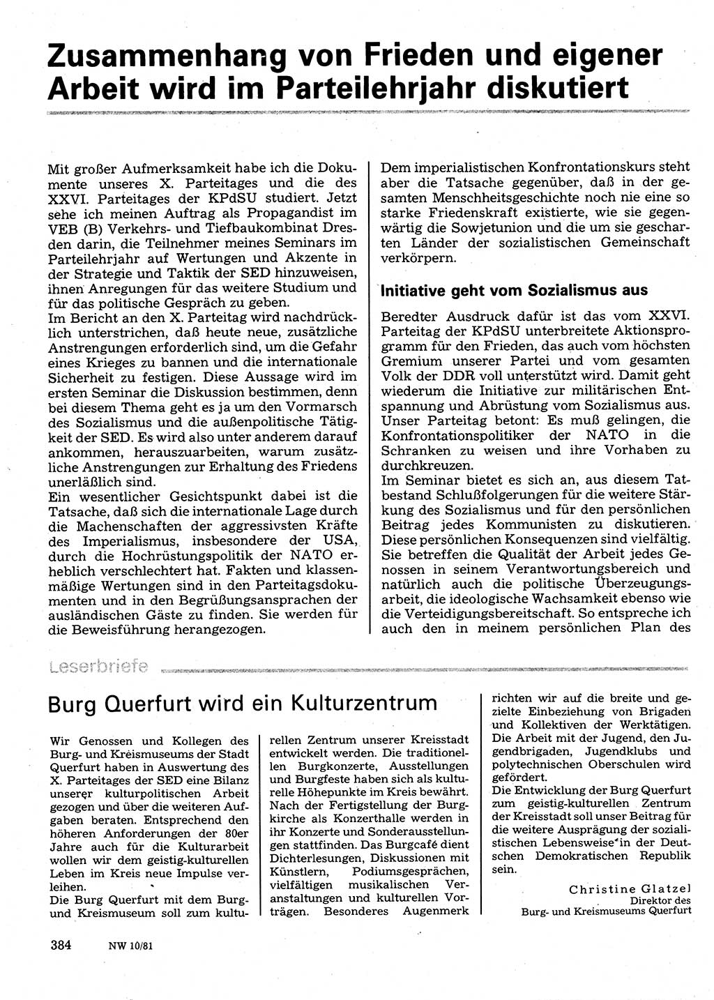 Neuer Weg (NW), Organ des Zentralkomitees (ZK) der SED (Sozialistische Einheitspartei Deutschlands) für Fragen des Parteilebens, 36. Jahrgang [Deutsche Demokratische Republik (DDR)] 1981, Seite 384 (NW ZK SED DDR 1981, S. 384)