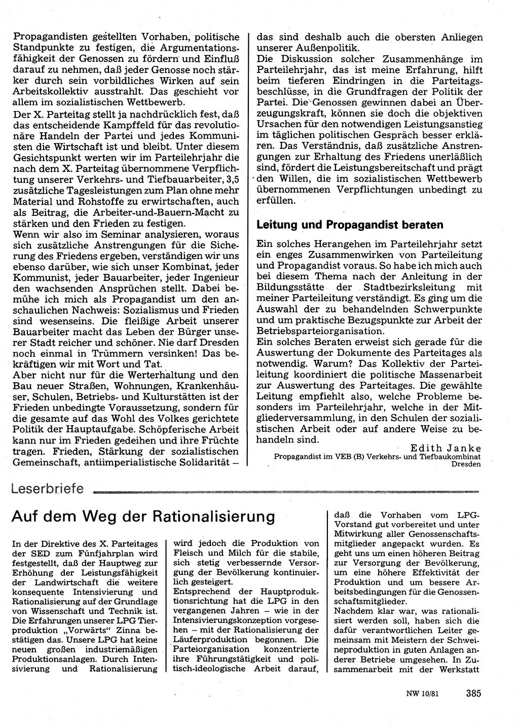 Neuer Weg (NW), Organ des Zentralkomitees (ZK) der SED (Sozialistische Einheitspartei Deutschlands) für Fragen des Parteilebens, 36. Jahrgang [Deutsche Demokratische Republik (DDR)] 1981, Seite 385 (NW ZK SED DDR 1981, S. 385)
