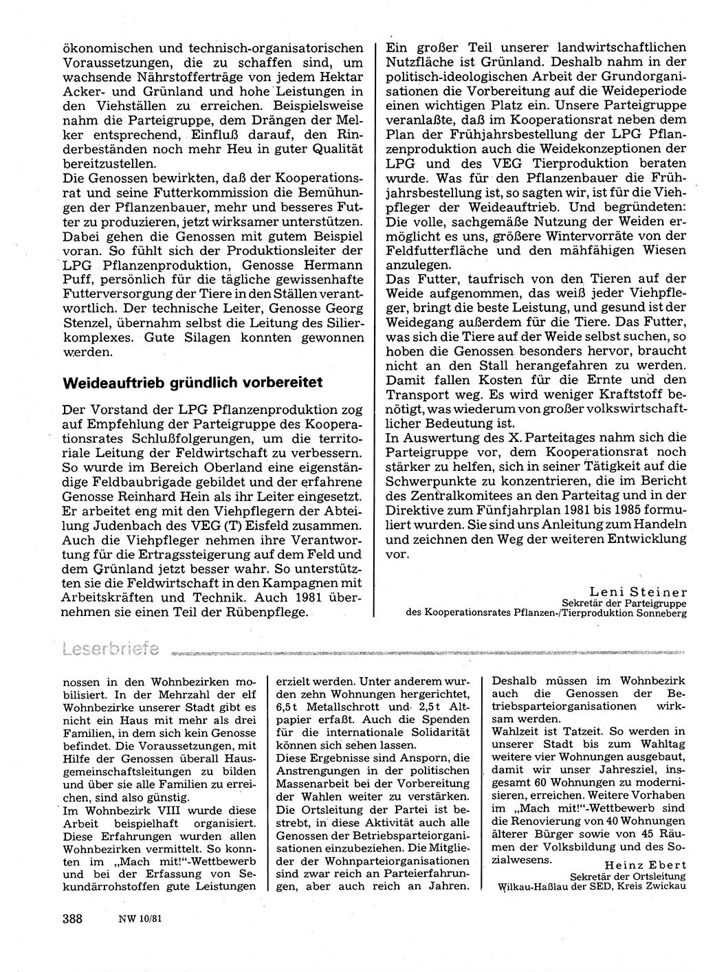 Neuer Weg (NW), Organ des Zentralkomitees (ZK) der SED (Sozialistische Einheitspartei Deutschlands) für Fragen des Parteilebens, 36. Jahrgang [Deutsche Demokratische Republik (DDR)] 1981, Seite 388 (NW ZK SED DDR 1981, S. 388)