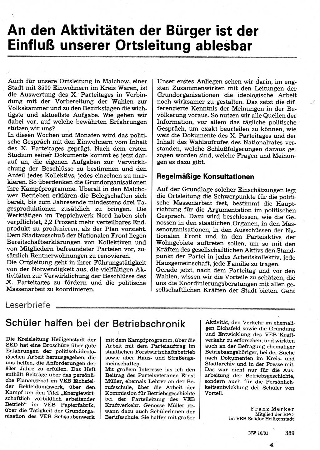 Neuer Weg (NW), Organ des Zentralkomitees (ZK) der SED (Sozialistische Einheitspartei Deutschlands) für Fragen des Parteilebens, 36. Jahrgang [Deutsche Demokratische Republik (DDR)] 1981, Seite 389 (NW ZK SED DDR 1981, S. 389)