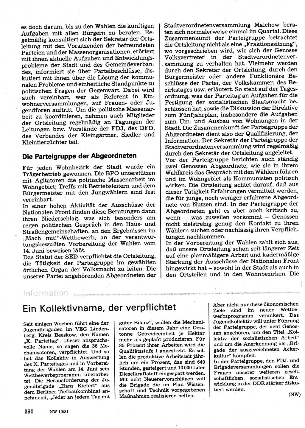 Neuer Weg (NW), Organ des Zentralkomitees (ZK) der SED (Sozialistische Einheitspartei Deutschlands) für Fragen des Parteilebens, 36. Jahrgang [Deutsche Demokratische Republik (DDR)] 1981, Seite 390 (NW ZK SED DDR 1981, S. 390)