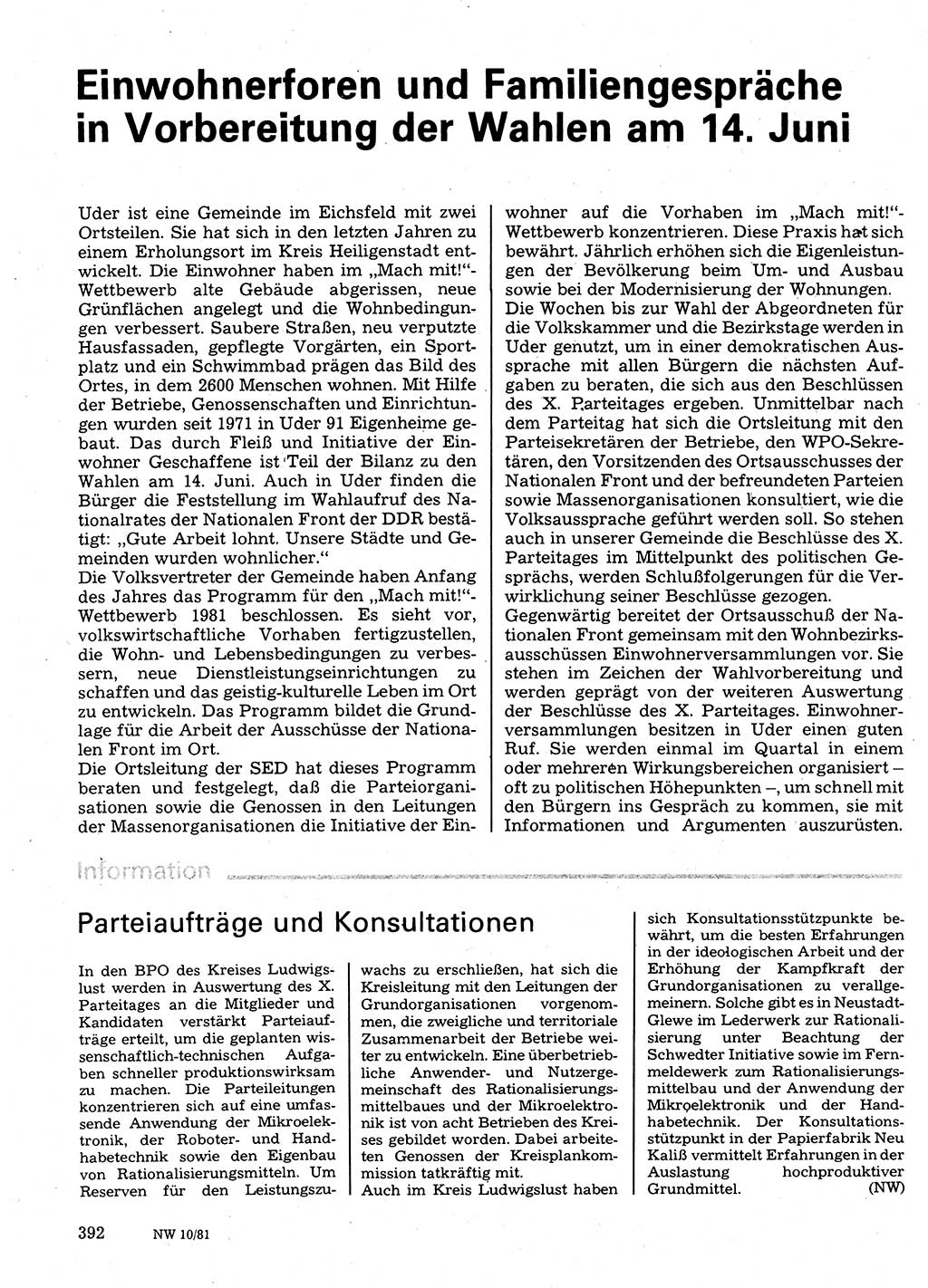 Neuer Weg (NW), Organ des Zentralkomitees (ZK) der SED (Sozialistische Einheitspartei Deutschlands) für Fragen des Parteilebens, 36. Jahrgang [Deutsche Demokratische Republik (DDR)] 1981, Seite 392 (NW ZK SED DDR 1981, S. 392)
