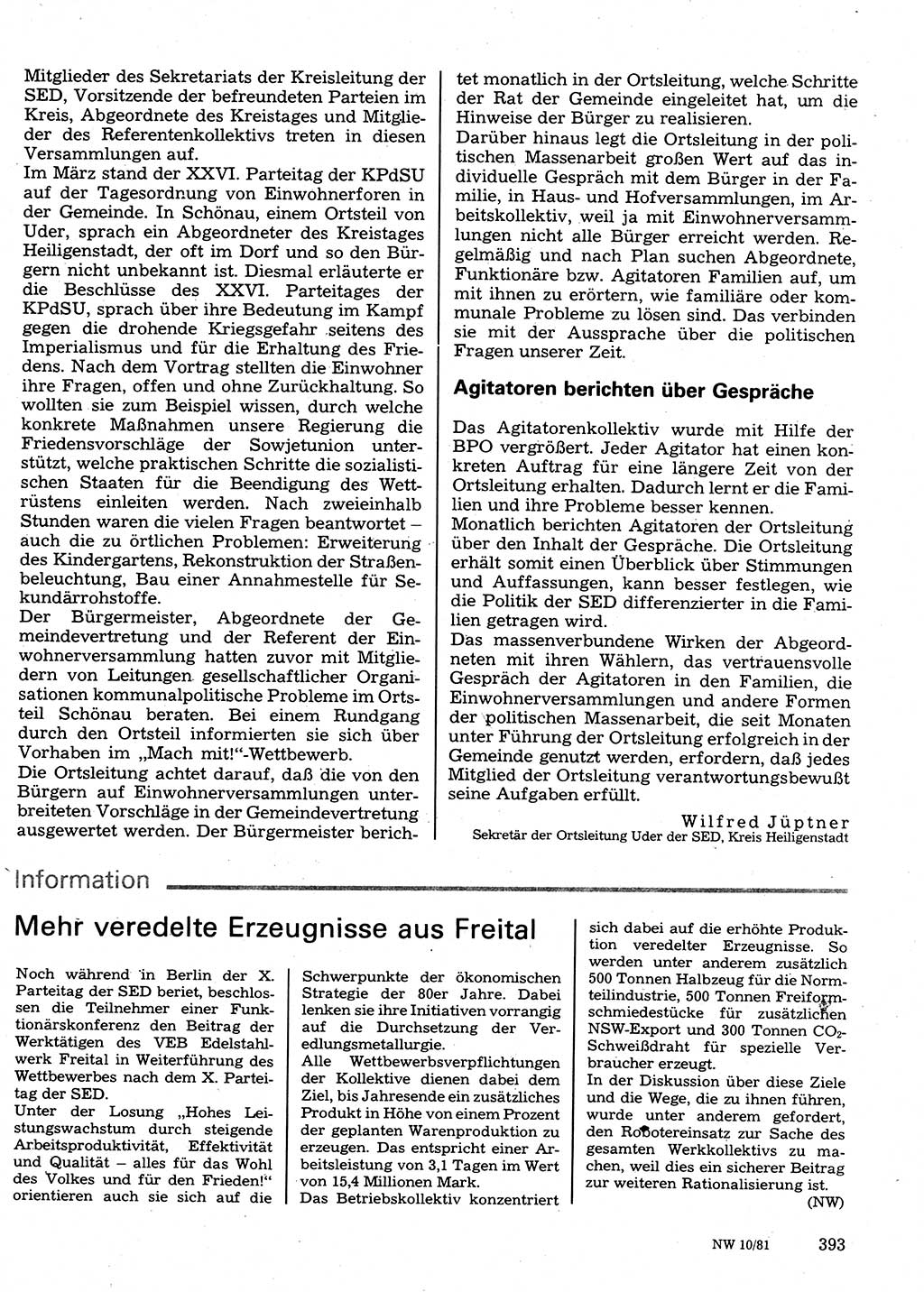 Neuer Weg (NW), Organ des Zentralkomitees (ZK) der SED (Sozialistische Einheitspartei Deutschlands) für Fragen des Parteilebens, 36. Jahrgang [Deutsche Demokratische Republik (DDR)] 1981, Seite 393 (NW ZK SED DDR 1981, S. 393)