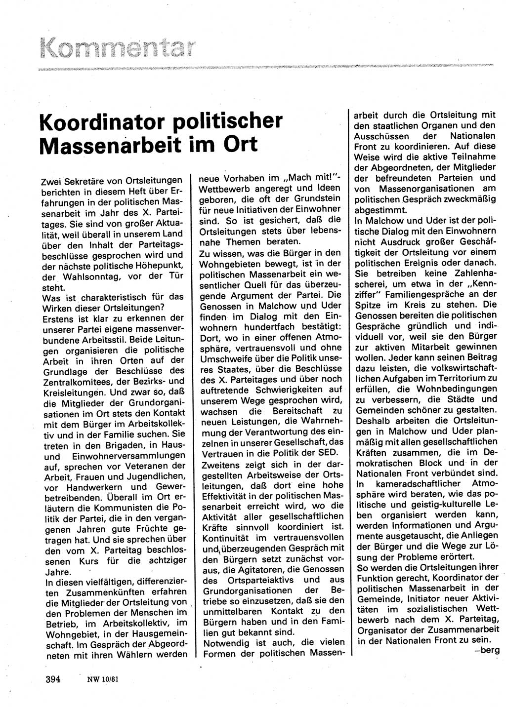 Neuer Weg (NW), Organ des Zentralkomitees (ZK) der SED (Sozialistische Einheitspartei Deutschlands) für Fragen des Parteilebens, 36. Jahrgang [Deutsche Demokratische Republik (DDR)] 1981, Seite 394 (NW ZK SED DDR 1981, S. 394)
