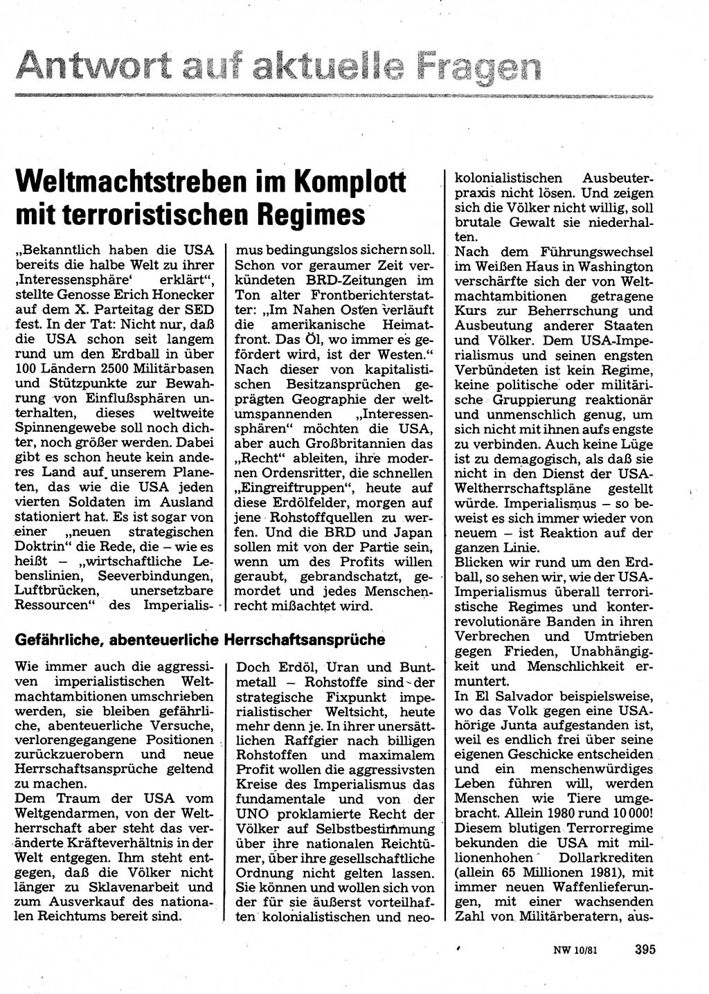 Neuer Weg (NW), Organ des Zentralkomitees (ZK) der SED (Sozialistische Einheitspartei Deutschlands) für Fragen des Parteilebens, 36. Jahrgang [Deutsche Demokratische Republik (DDR)] 1981, Seite 395 (NW ZK SED DDR 1981, S. 395)